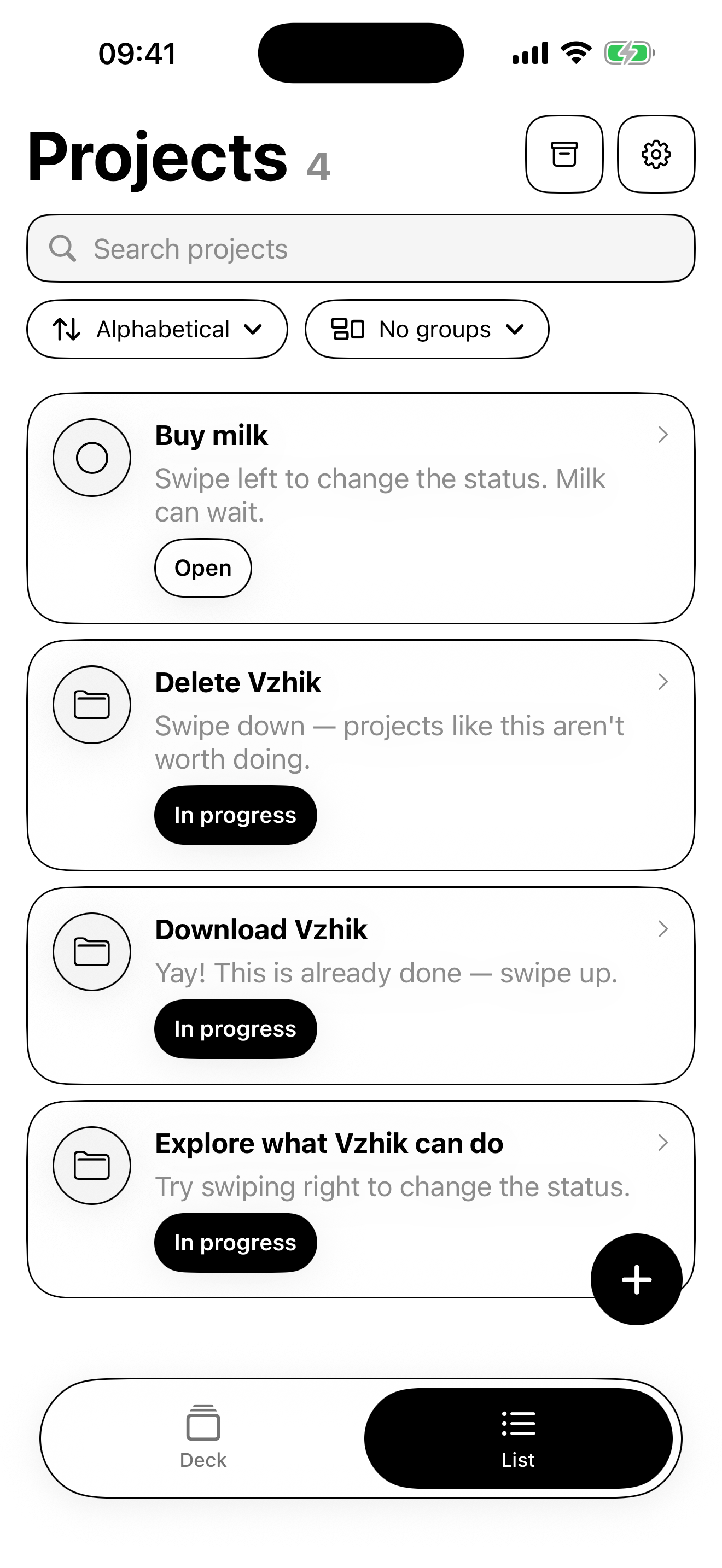 Vzhik project list screen